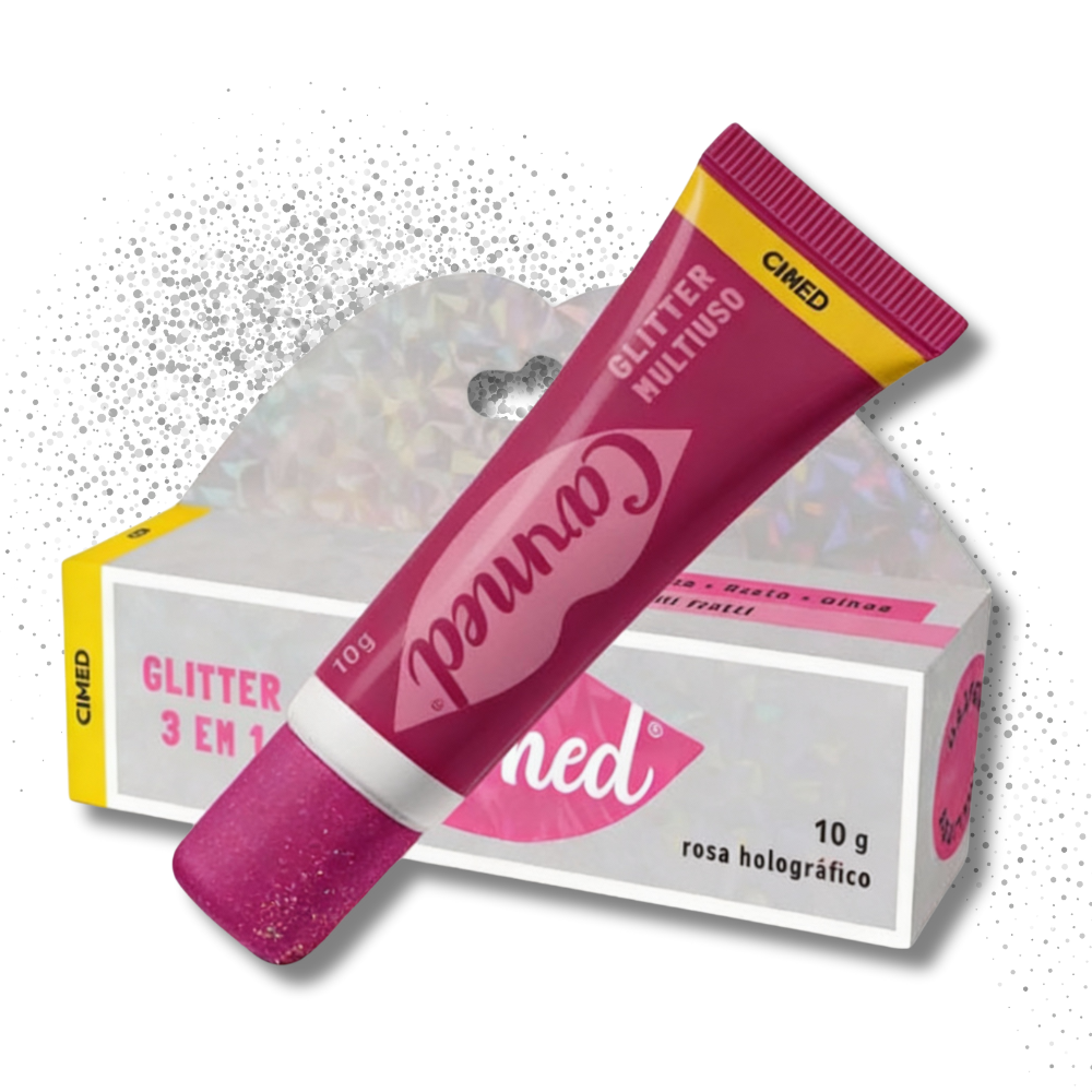 A tube of pink glitter gel labeled "Carmed Glitter Multiuso 3 em 1 10g" next to a matching pink box.
