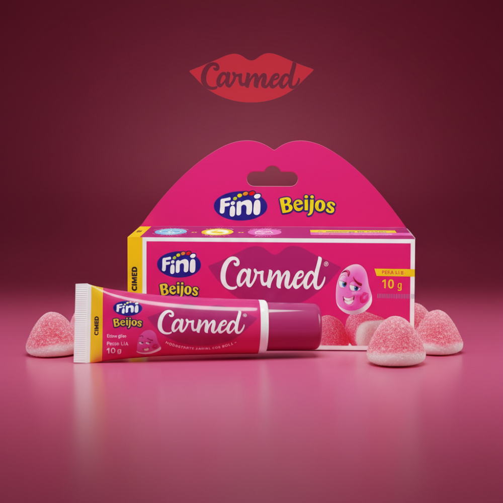 Fini Beijos Carmed packaging and candy on a pink background