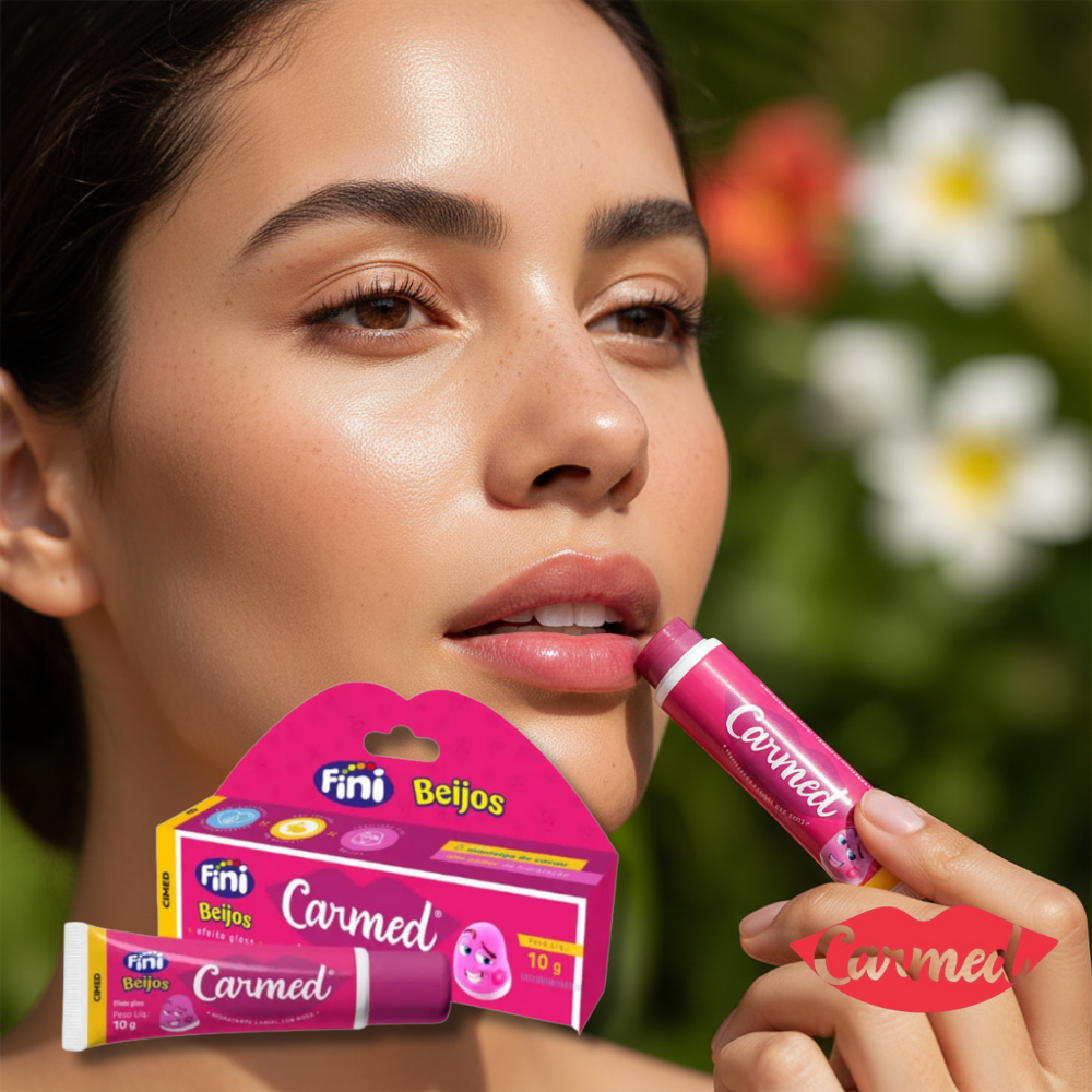 A woman holding a tube of Carmed Fini Beijos lip balm, showcasing its vibrant packaging and moisturizing benefits.