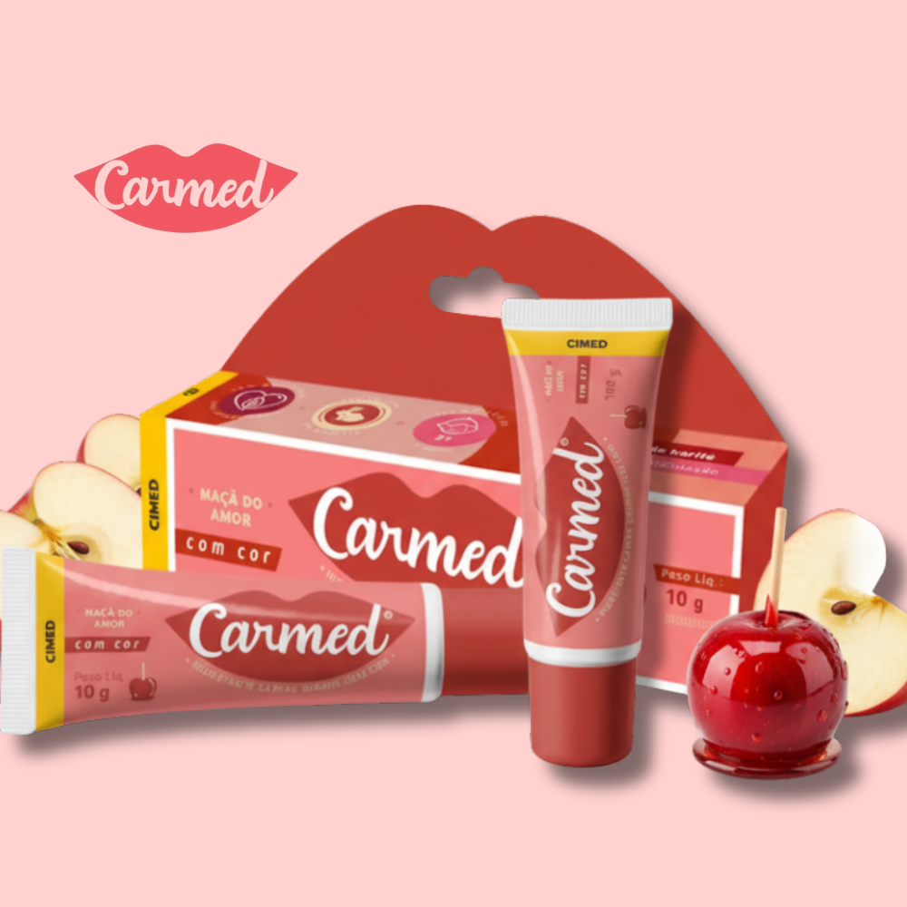 Carmed Macado Amor 10g on a pink background with a candy apple.