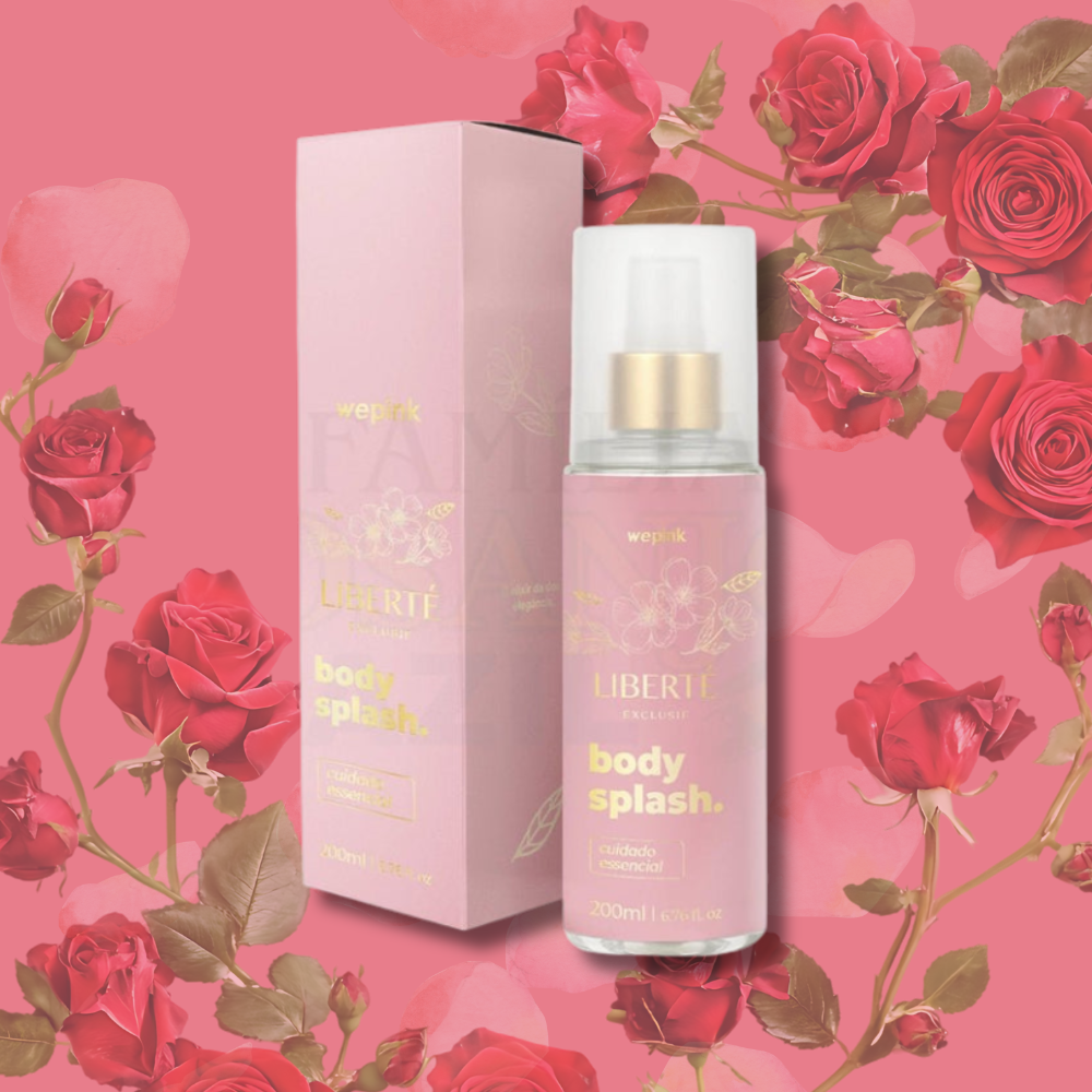 Desodorante Corporal Wepink Liberté Exclusif Colônia 200ml sobre uma coroa de rosas vermelhas em um fundo de pétalas de rosa vermelha.