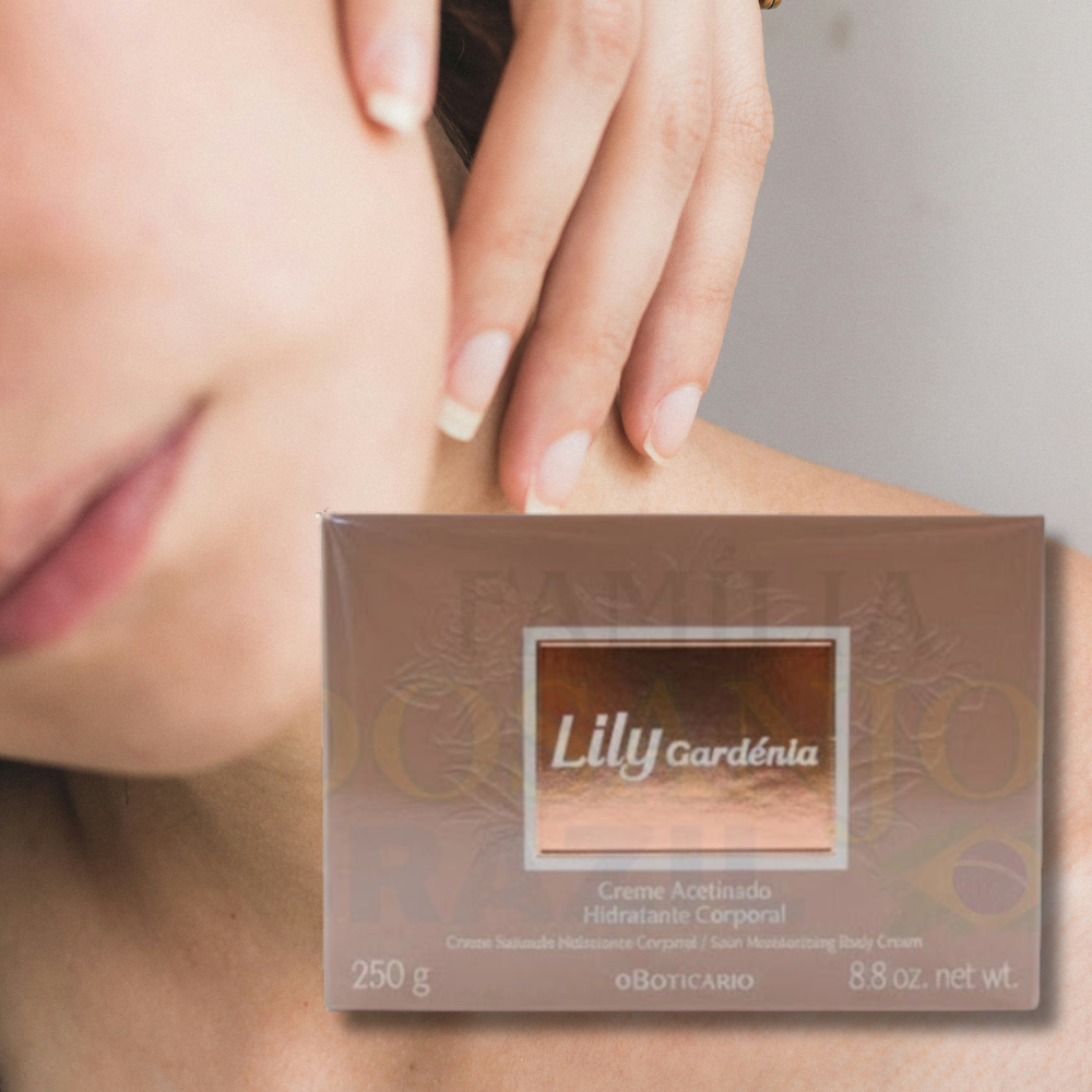 Lily Gardénia cream packaging held by a hand with a blurred background