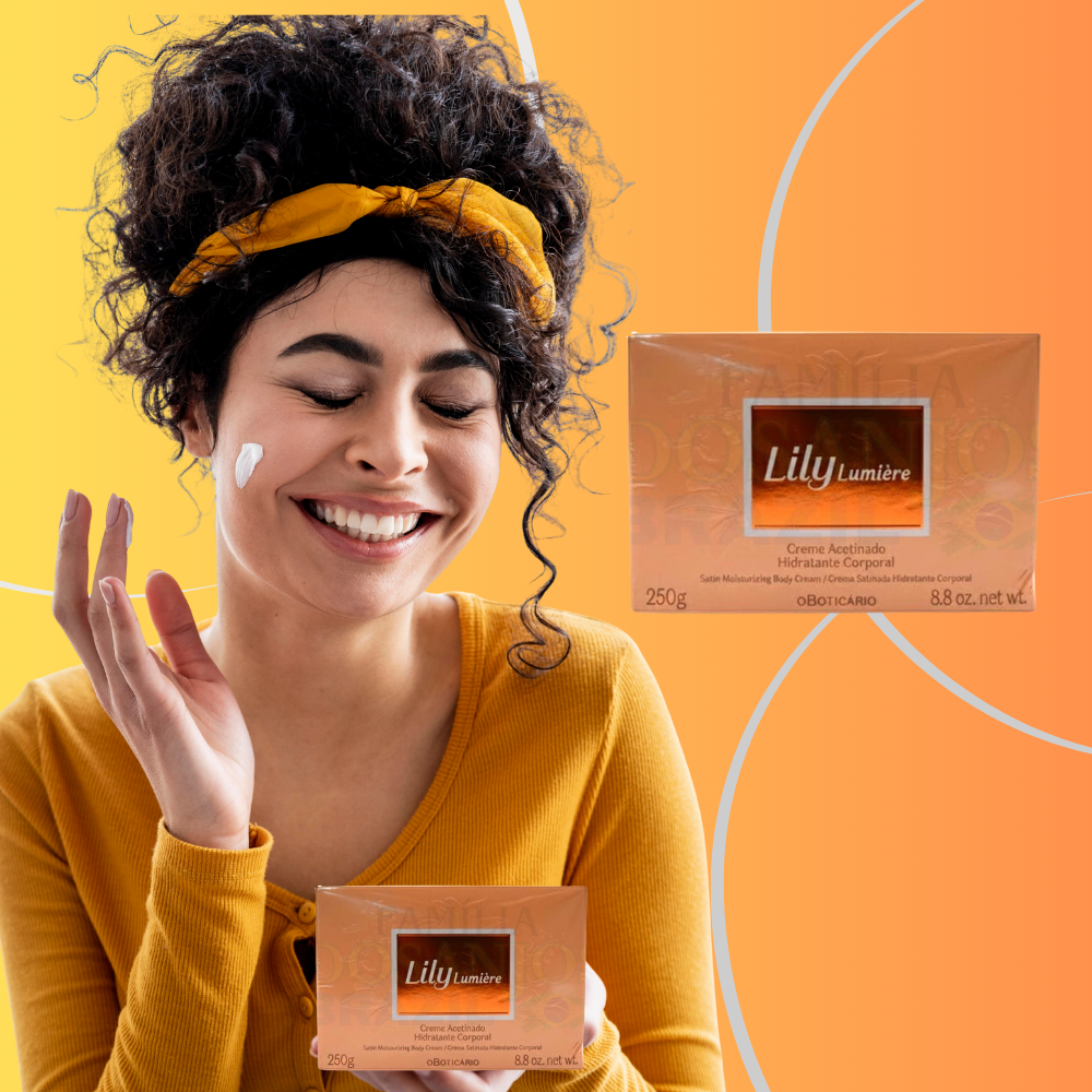 A woman proudly holds a box of O Boticário Lily Lumière moisturizing body cream.