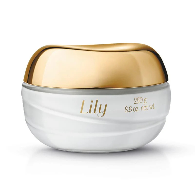 White jar with gold lid labeled 'Lily' on a white background