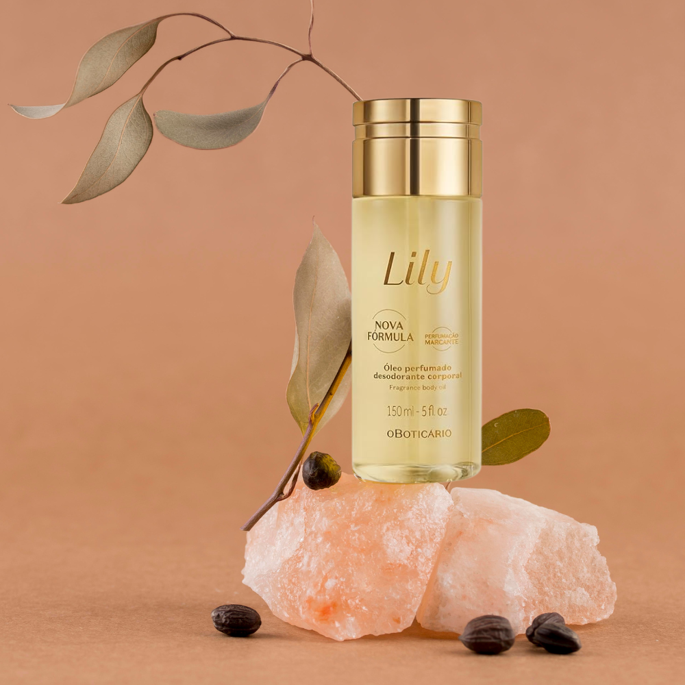 Perfume bottle labeled 'Lily' on a peach-colored background with decorative elements.