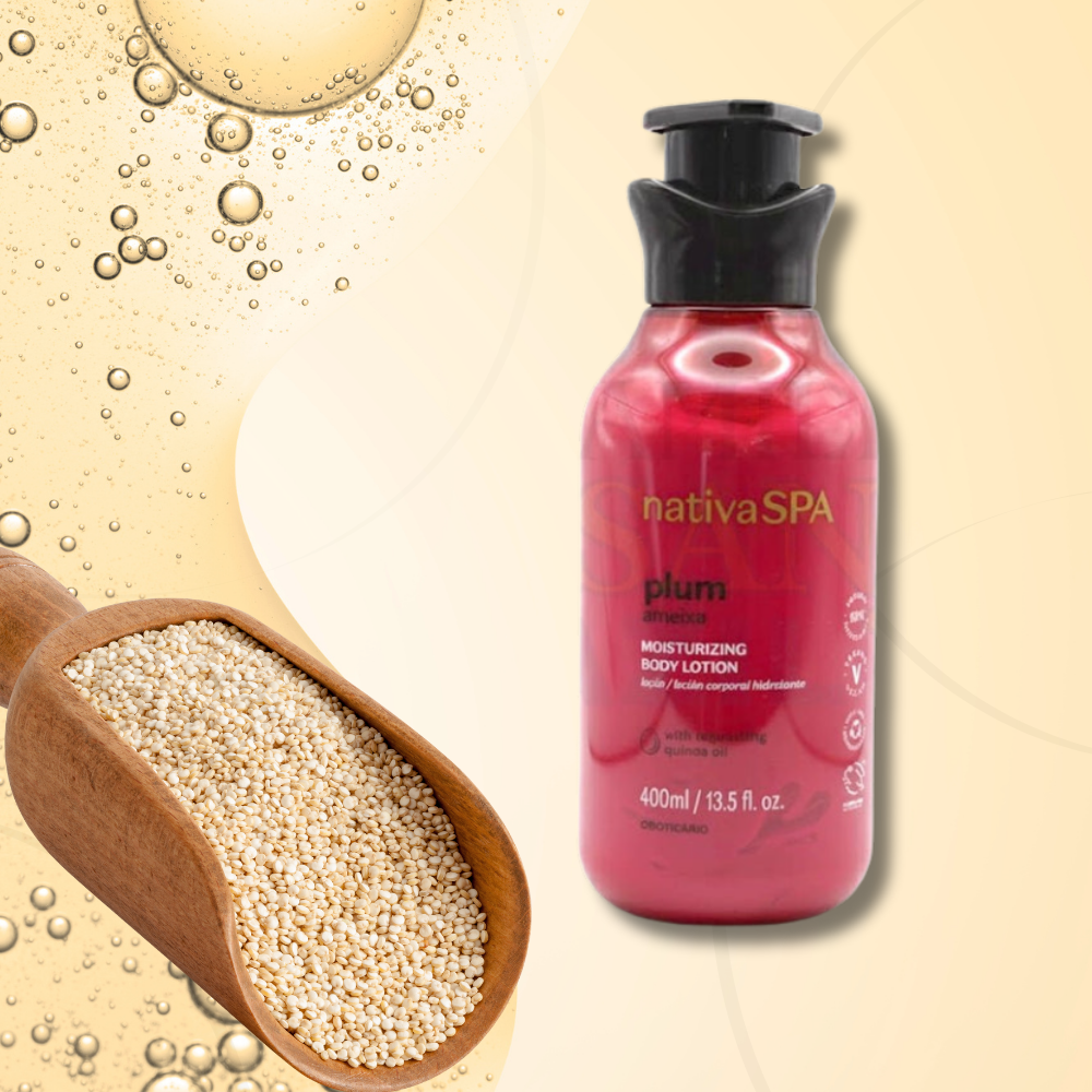 A bottle of O Boticário Nativa Spa Velvety Deodorant Body Lotion Cherry Rouge 400ml beside a wooden spoon