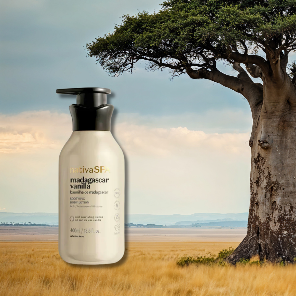 Baobab tree symbolizing Africa, alongside O Boticário Nativa Spa Vanilla Body Lotion 400ml on a wooden surface.