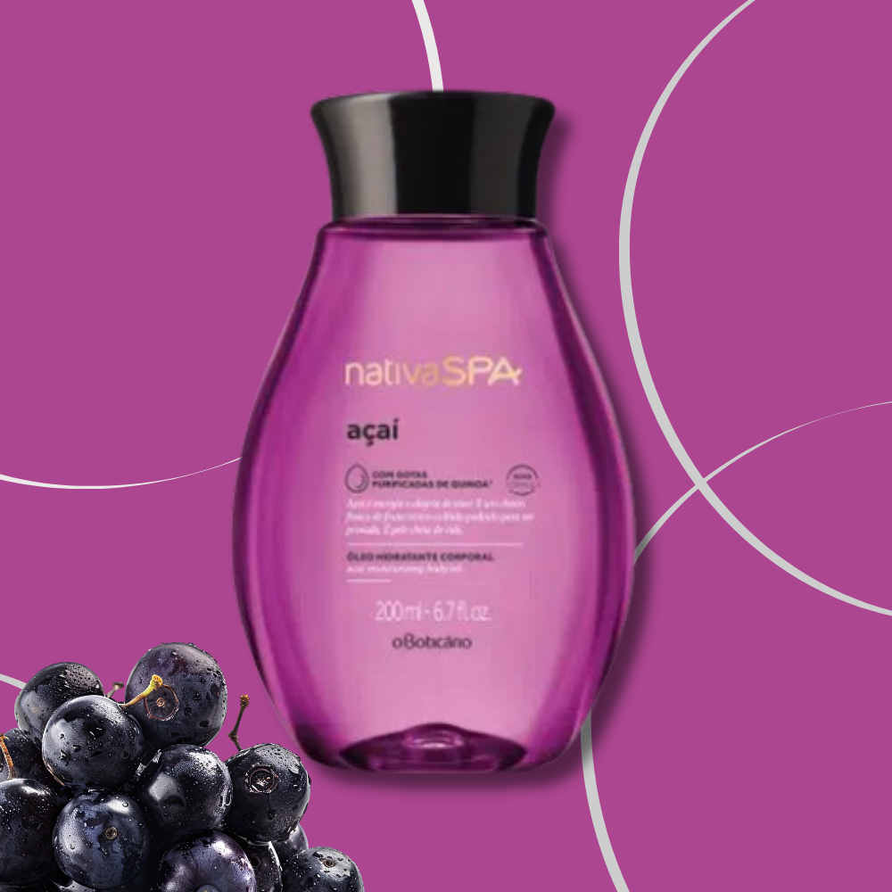 Purple bottle of O Boticário Nativa Spa Óleo Corporal Açaí 200ml with acai berries on a purple background