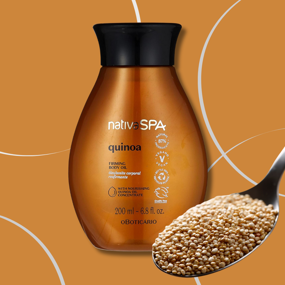 Native spa quinoa body oil bottle from O Boticário, featuring a 200ml size and a soothing, natural design.