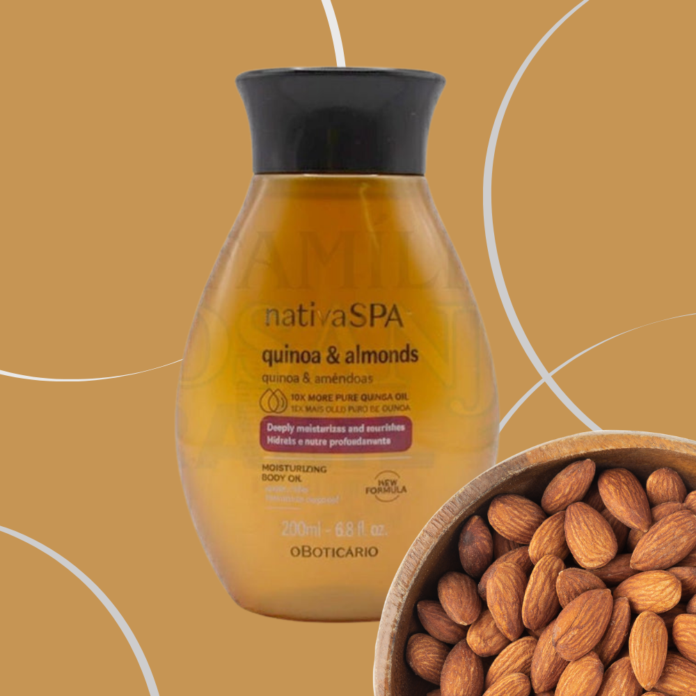 Almond and coconut oil hair oil from O Boticário, Nativa Spa, 200ml bottle, promoting hydration and shine.