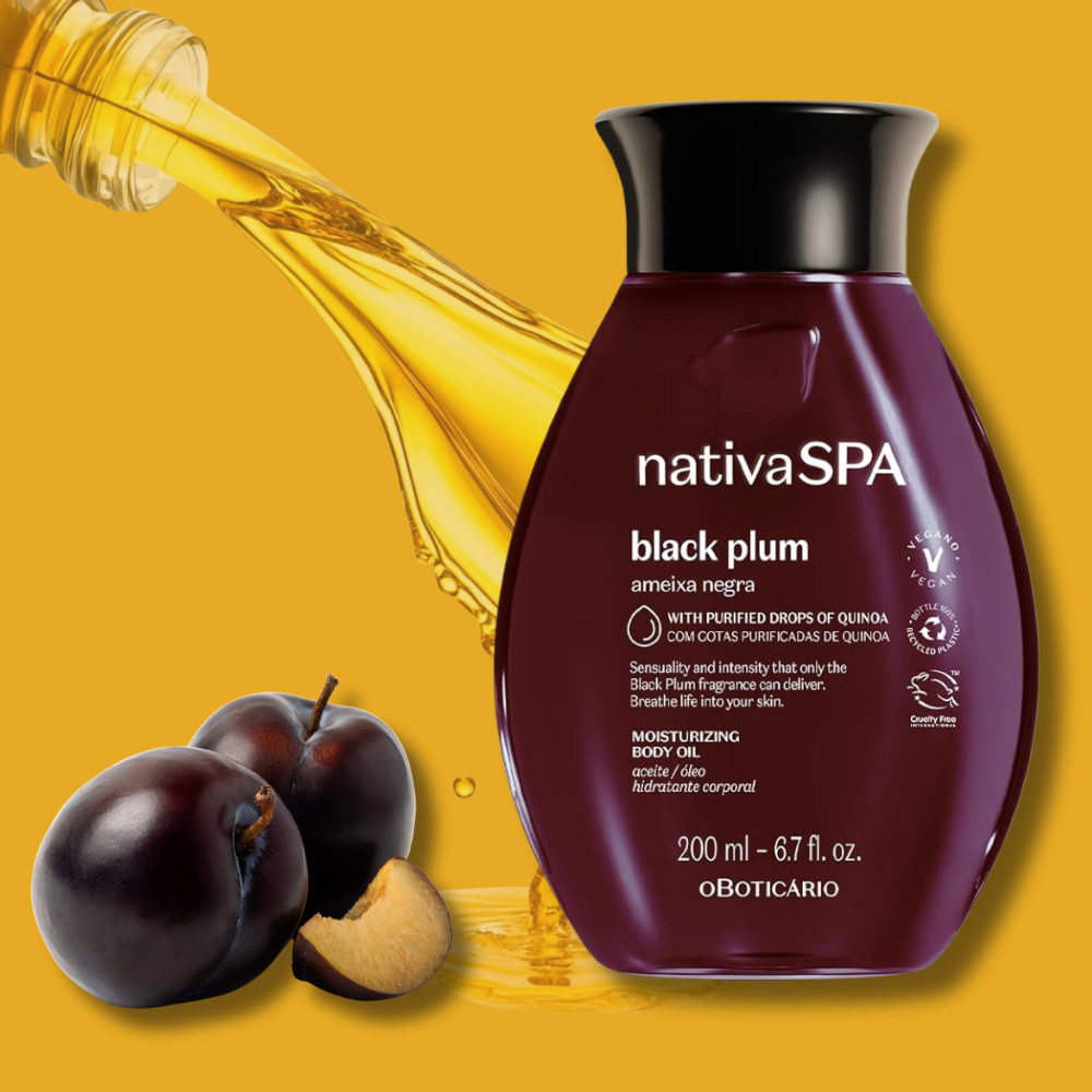 Black plum shampoo from O Boticário Nativa Spa, 200ml, showcasing a sleek bottle with a vibrant plum design.