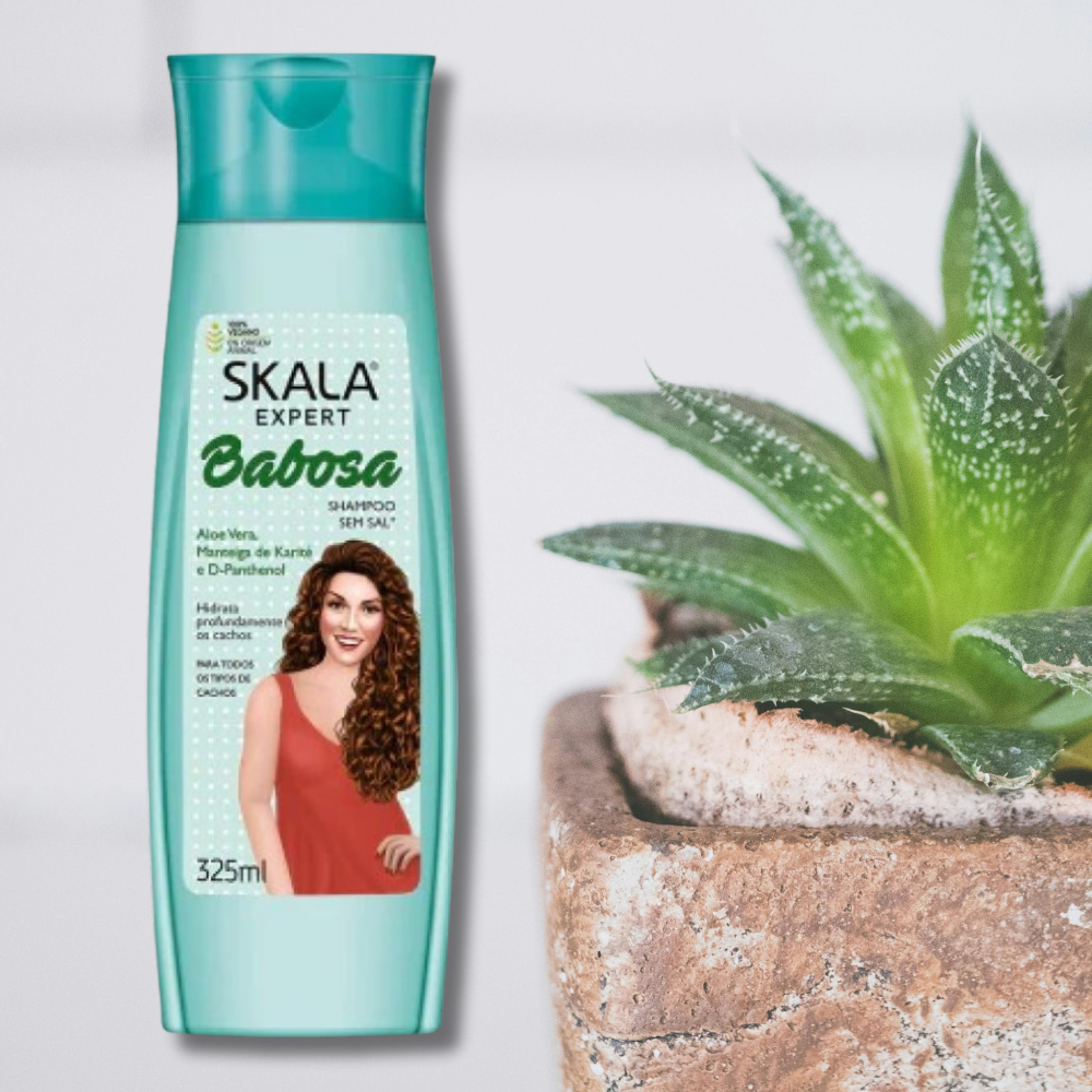 Skala Expert Babosa Shampoo 325ml bottle, featuring a green label with aloe vera graphics, on a white background.