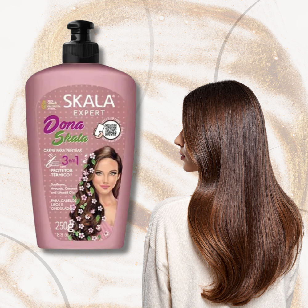 Skala Expert hair care product with a woman with long hair on a beige background
