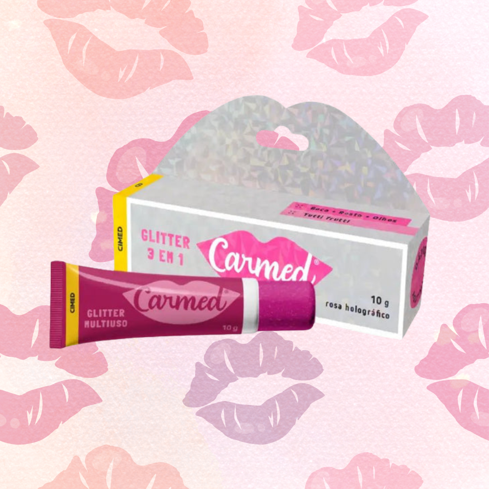 Um tubo de 10g do Carmed Glitter Multiuso 3 em 1 com rótulo rosa.