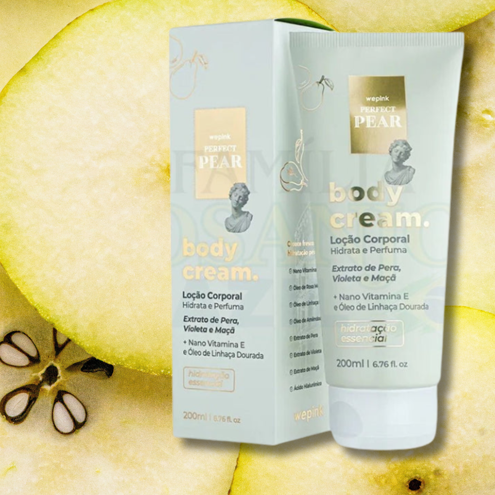 Wepink Body Cream Perfect Pear Desodorante Hidratante 200ml tube labeled "Wepink Perfect Pear" with fresh pears slices beside it on a light background.