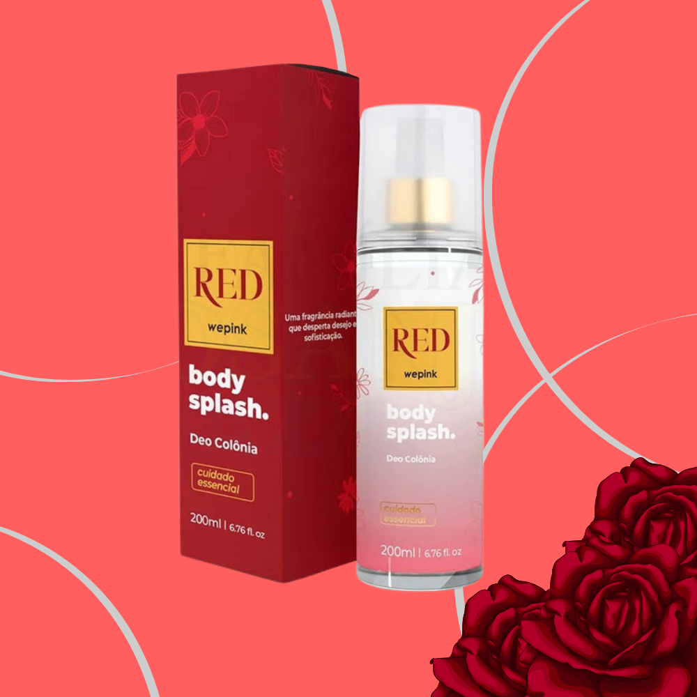 Wepink Body Splash Red Desodorante Colônia 200ml bottle and packaging with roses on a pink background