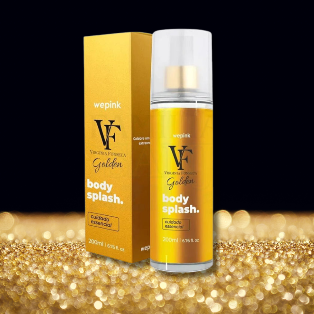 Gold body splash bottle and packaging with 'wepink' branding on a glittery background