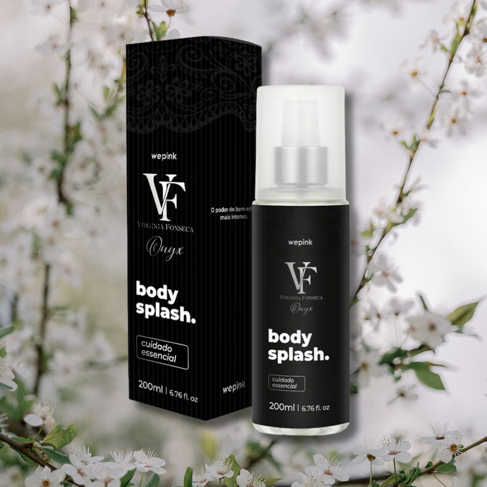 A bottle of Wepink Body Splash VF Onyx next to a delicate white blossom, showcasing a refreshing fragrance.