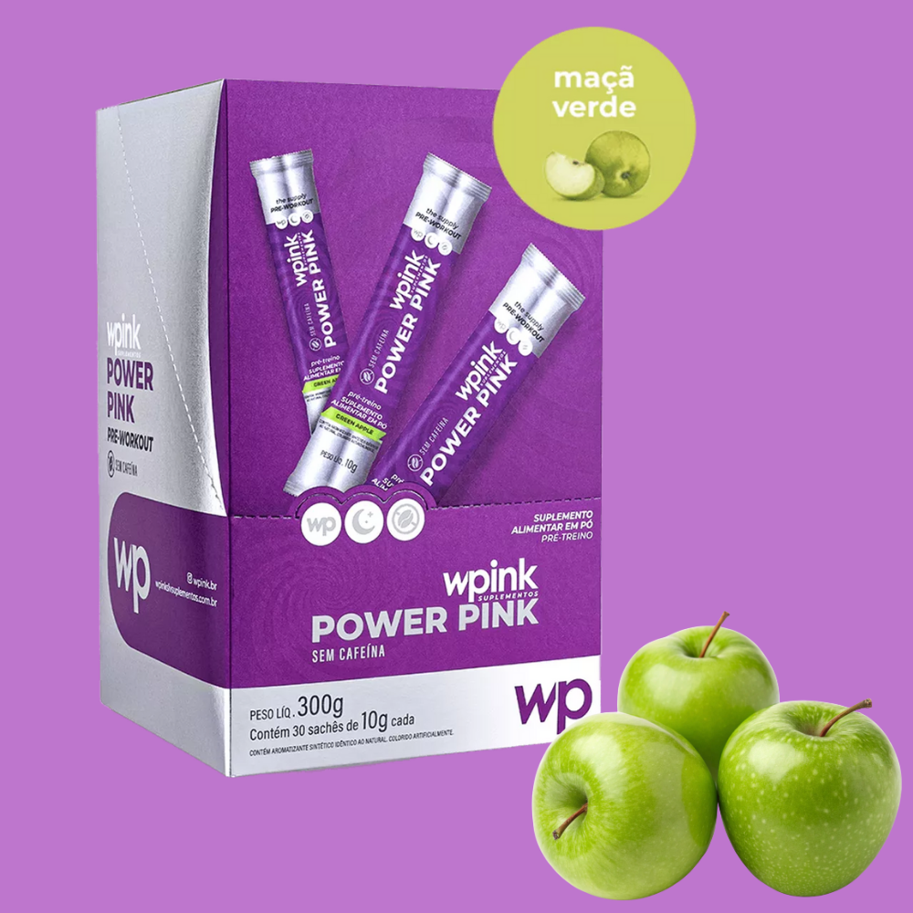 A box of Wpink Power drink featuring green apples, labeled as a pre-workout supplement, 300g.