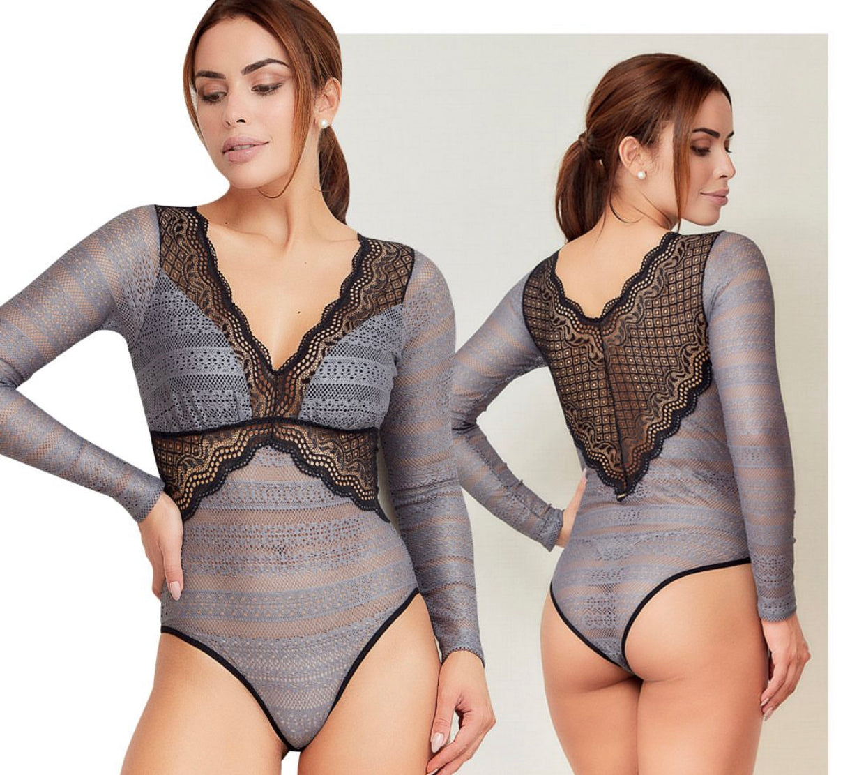 Girl wearing a Body Sensations grey lace long-sleeve bodysuit.