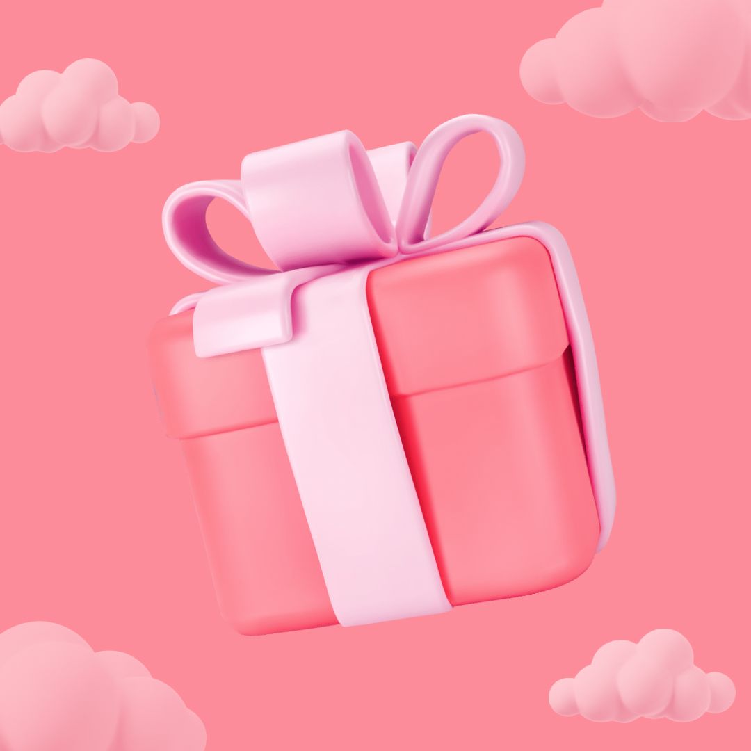 A digital gift card image featuring a pink present with a pink ribbon on a pink background with clouds.