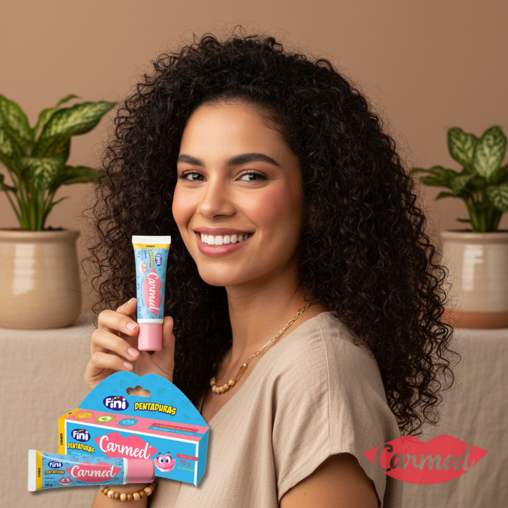 A smiling woman holding a 10g tube of Carmed Fini Dentaduras