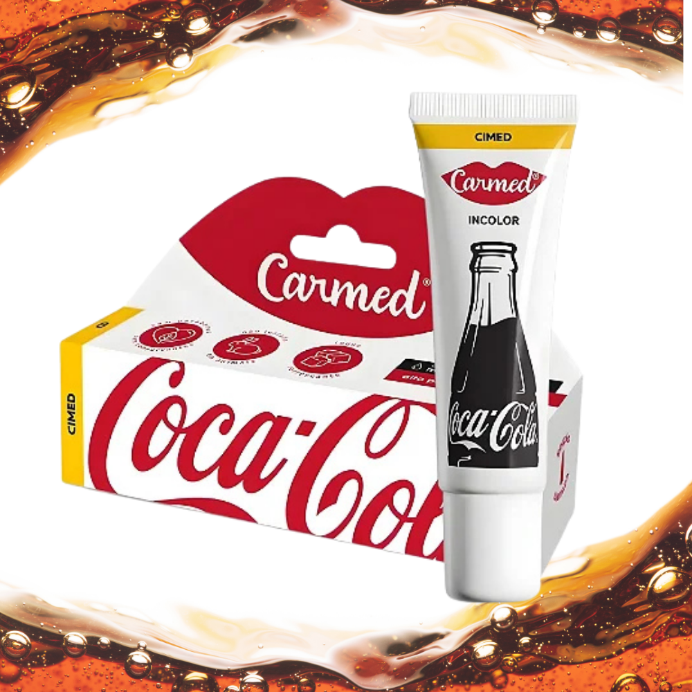Coca-Cola's new lip balm, Carmed Coca Cola Incolor, 10g, featuring a refreshing flavor and vibrant packaging.