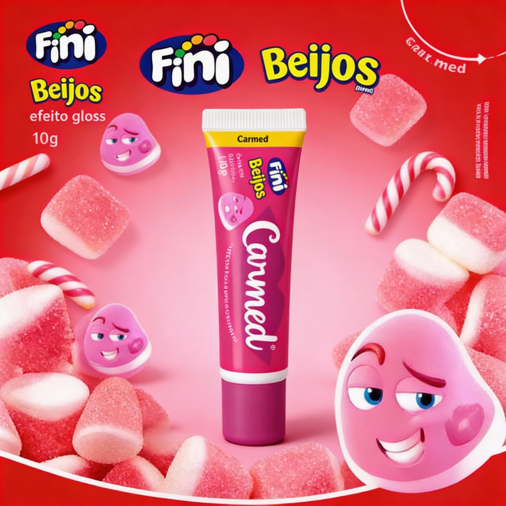 Fini Beijos candy package, 10g, featuring colorful, heart-shaped gummies in a playful design.