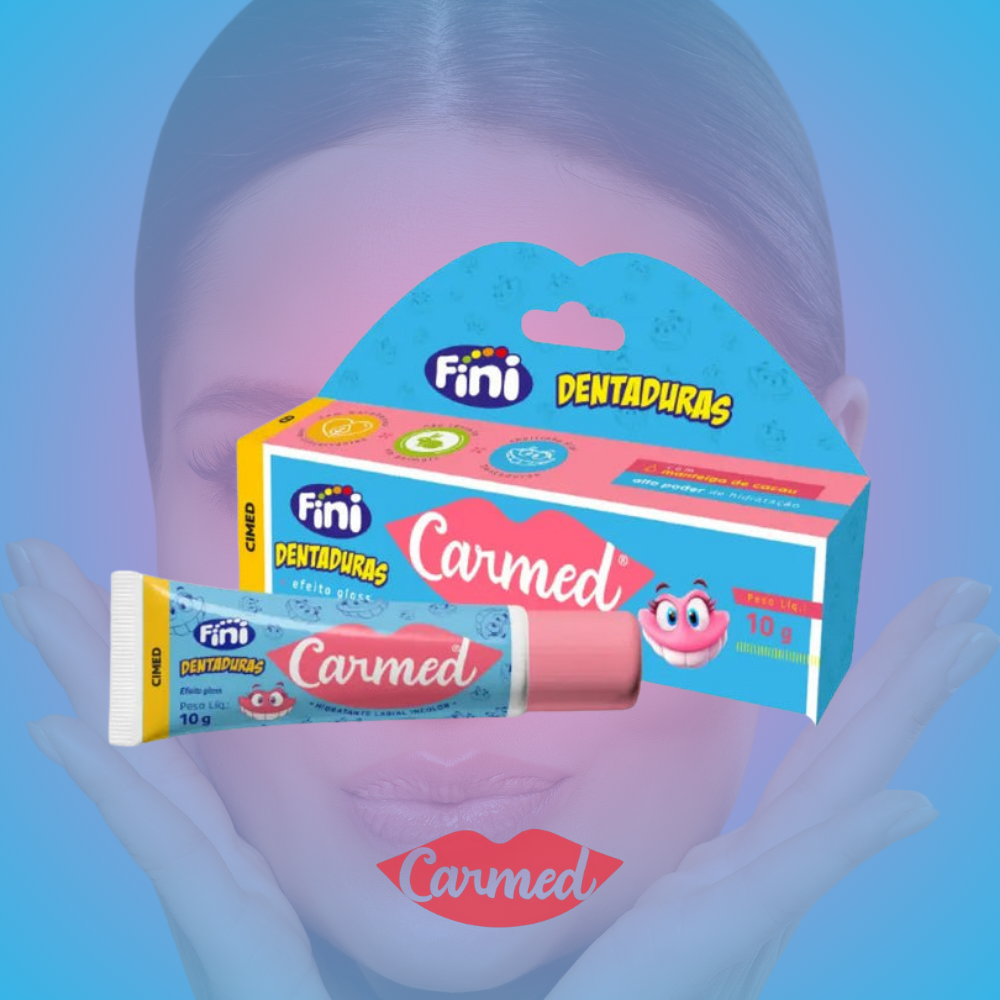 Fini Dentaduras packaging and Carmed product with a blurred face on a blue gradient background