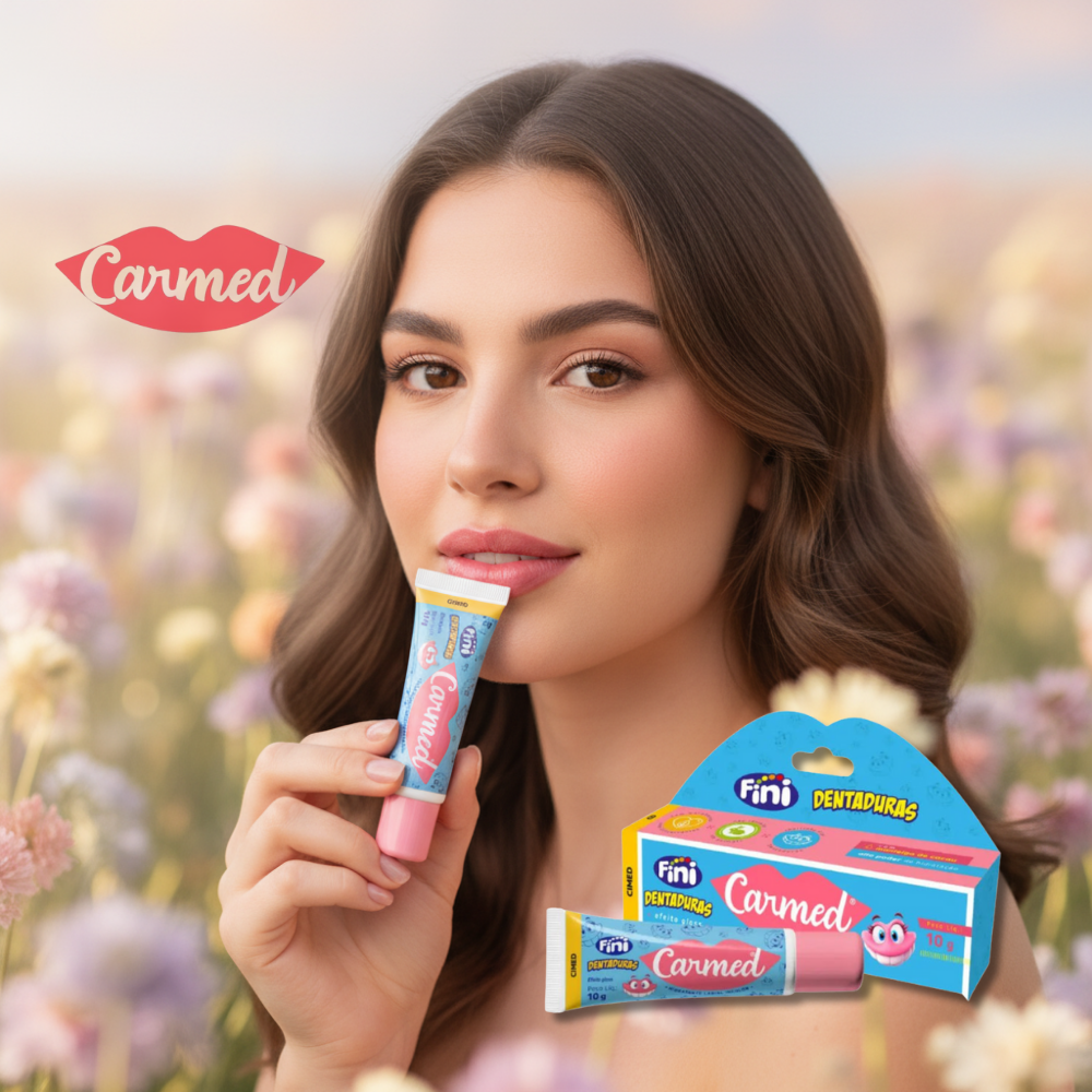Woman holding Carmed lip balm with packaging in a field of flowers