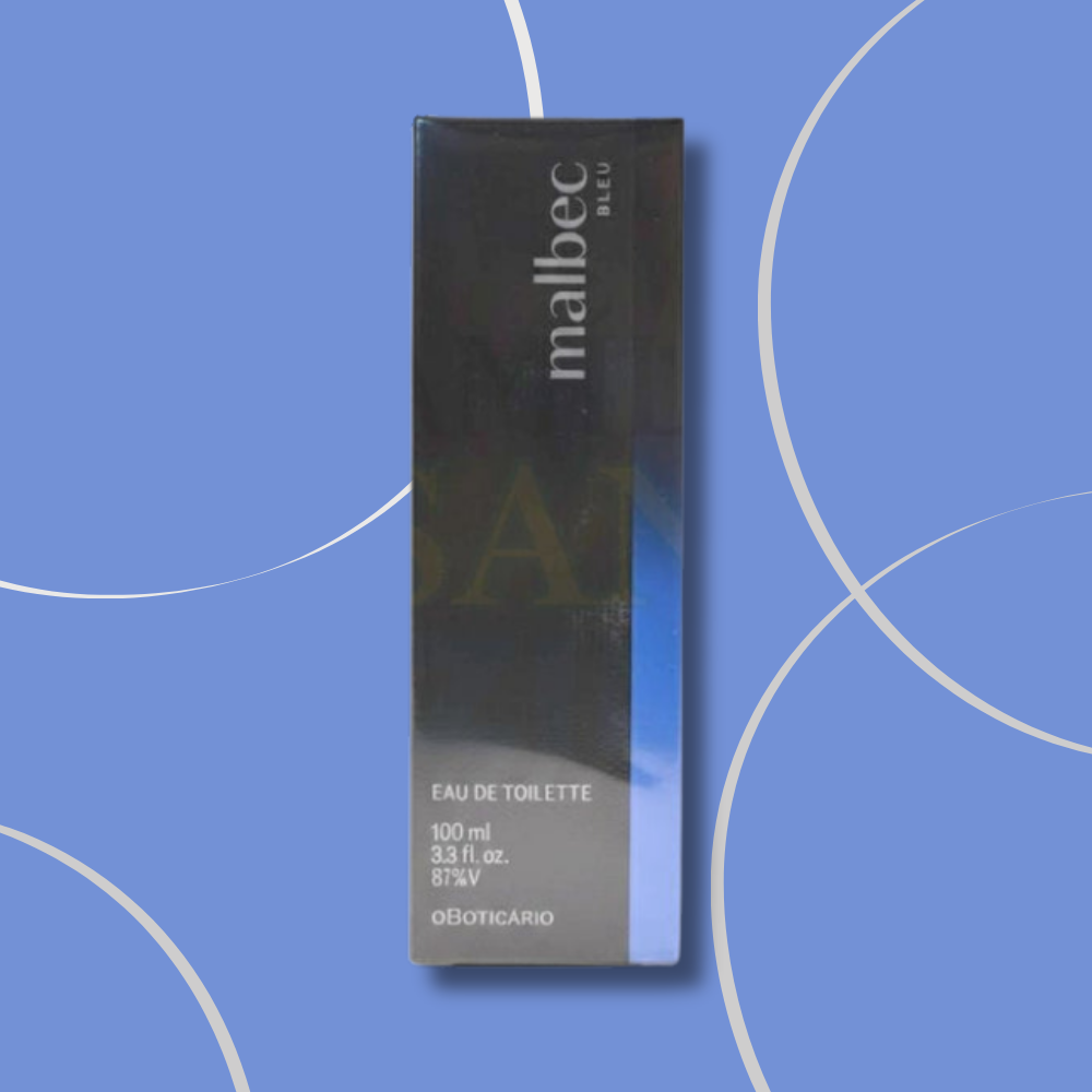 Malbec perfume bottle on a blue background with white circular designs