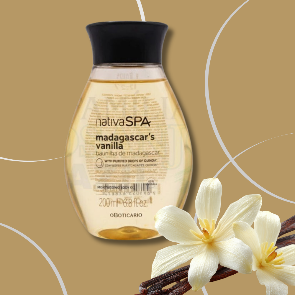 nativaSPA Madagascar vanilla bottle with vanilla flowers on a beige background