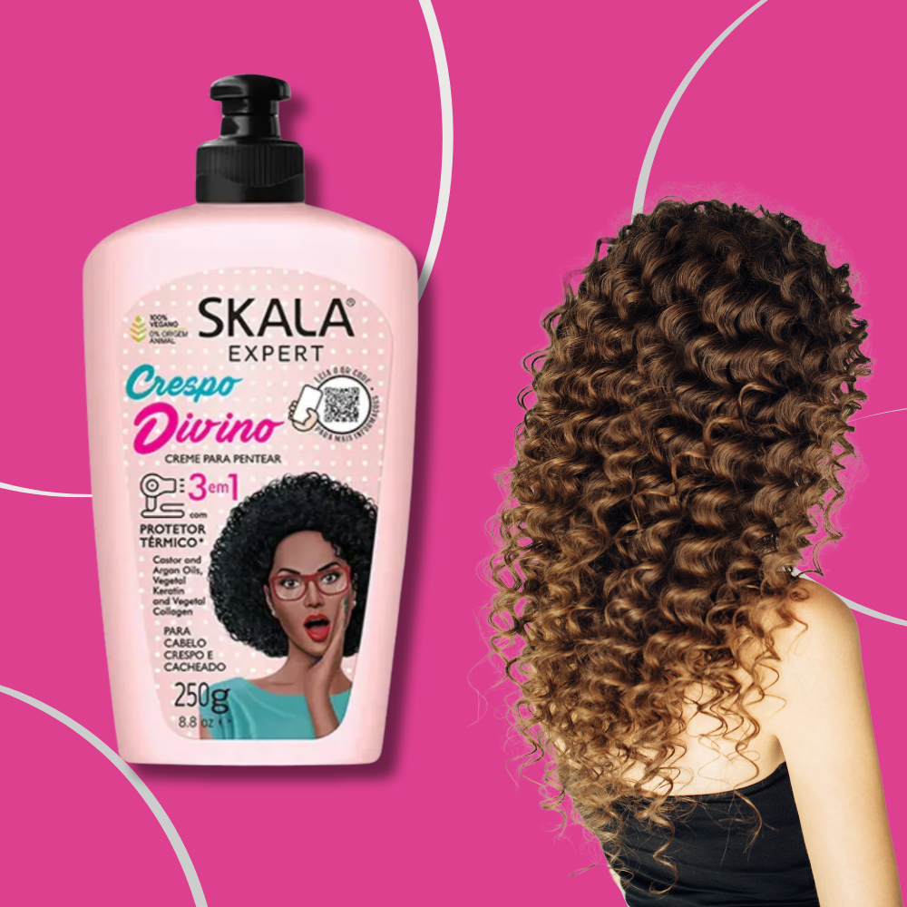Skala Expert hair care product with a woman with curly hair on a pink background