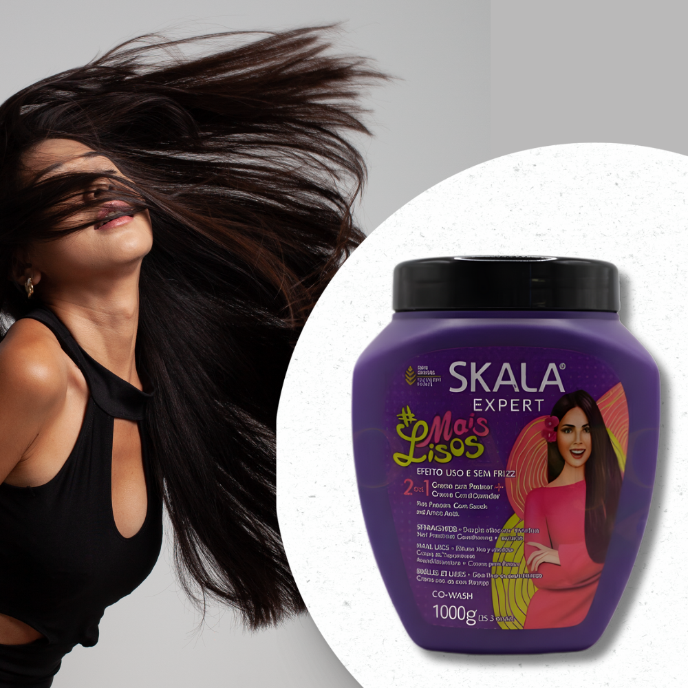 Woman with long hair next to a jar of Skala hair product on a gray background
