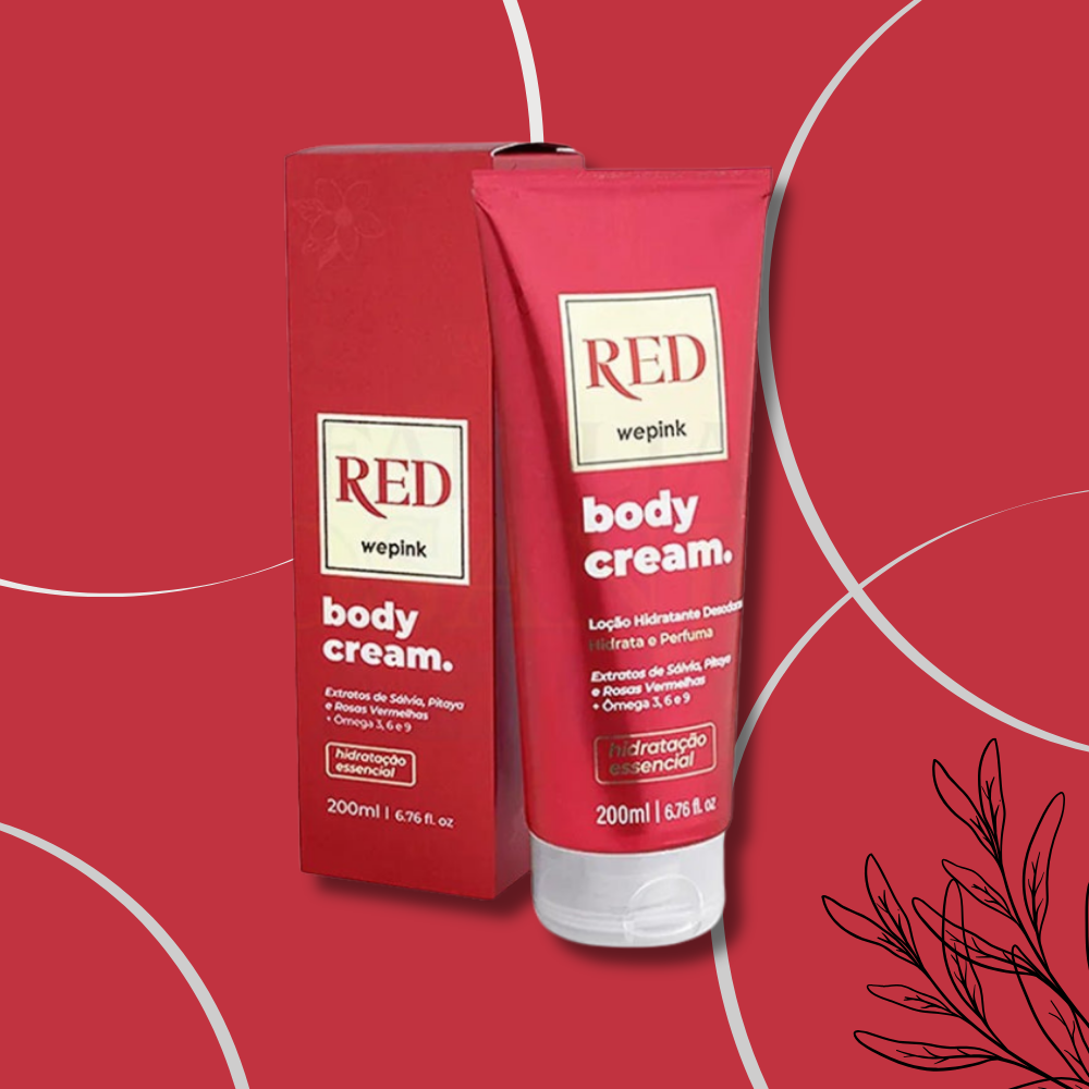 Red Wepink Body Cream and its matching red box, both showcasing a hydrating and deodorizing formula, 200ml size.