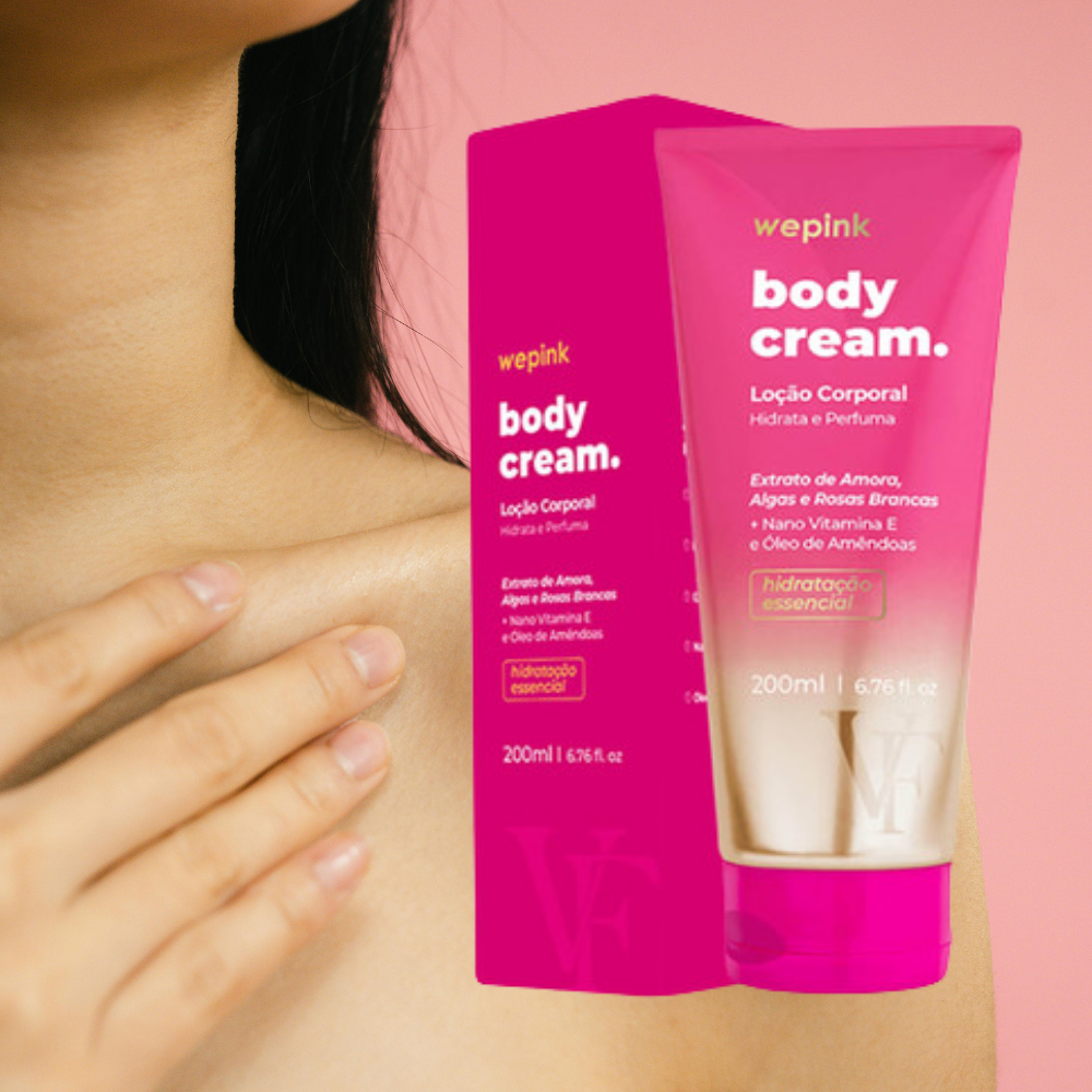 A woman holds a 200ml tube of Wepink Body Cream VF Desodorante Hidratante, showcasing its moisturizing benefits.
