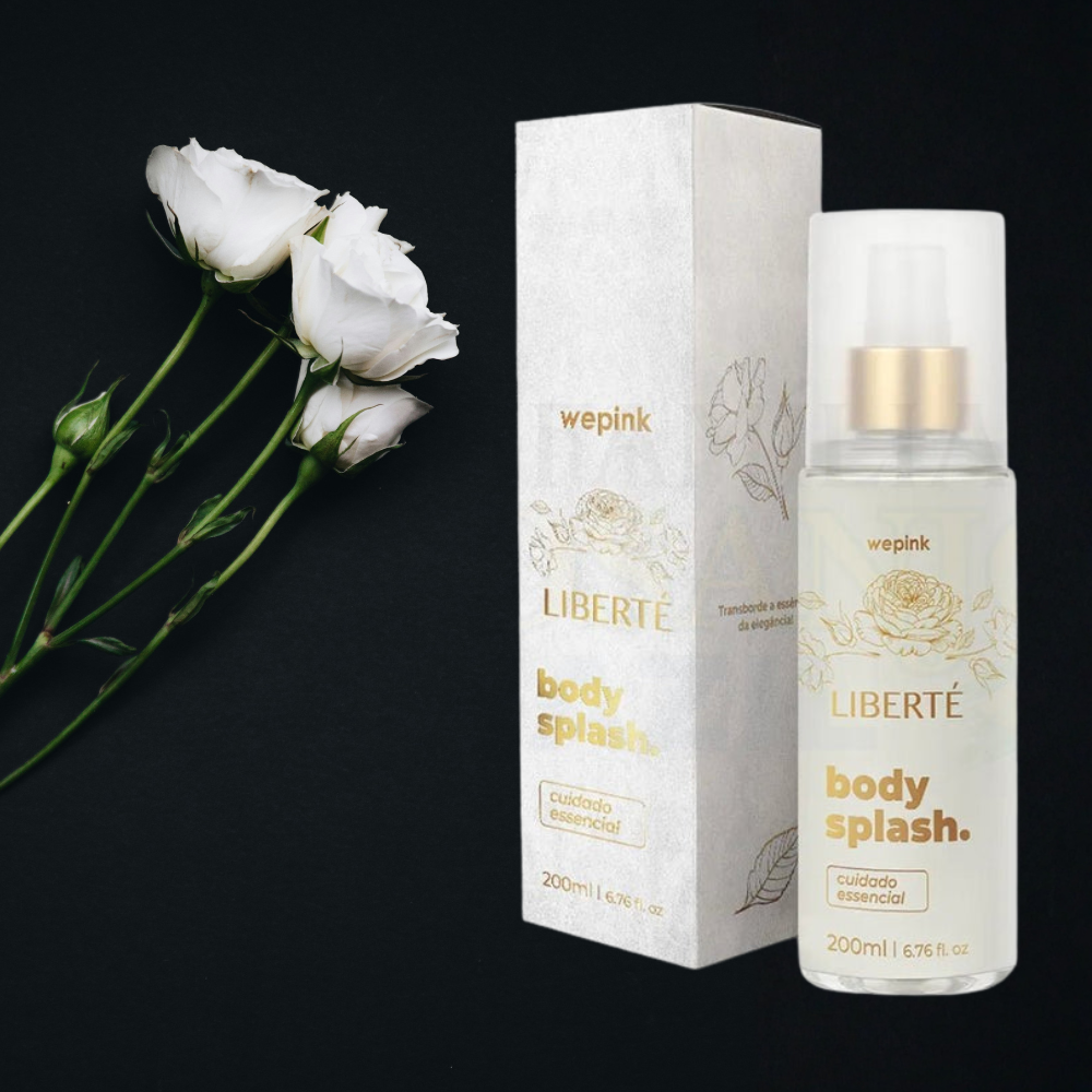 Wepink Liberté body splash bottle and packaging with white roses on a black background