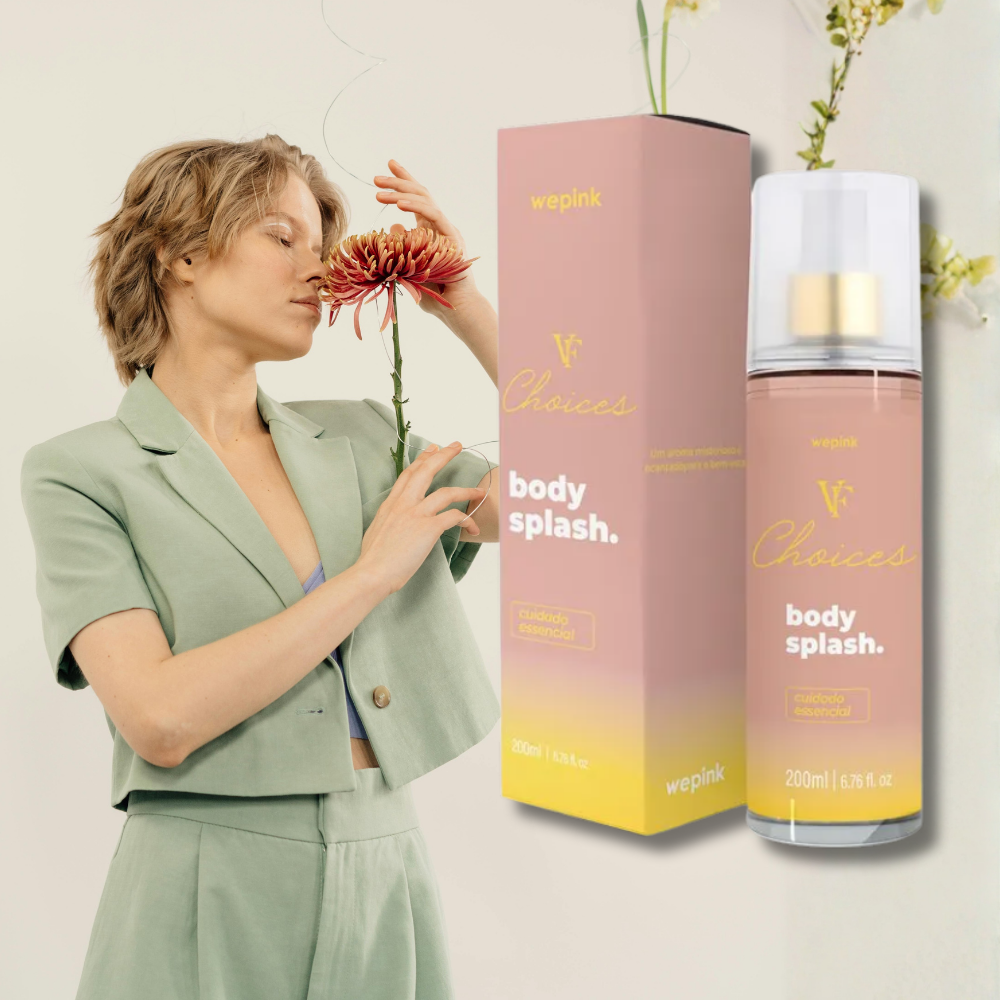 A woman holds a flower beside a 200ml box of Wepink Body Splash VF Choices Desodorante Colônia.