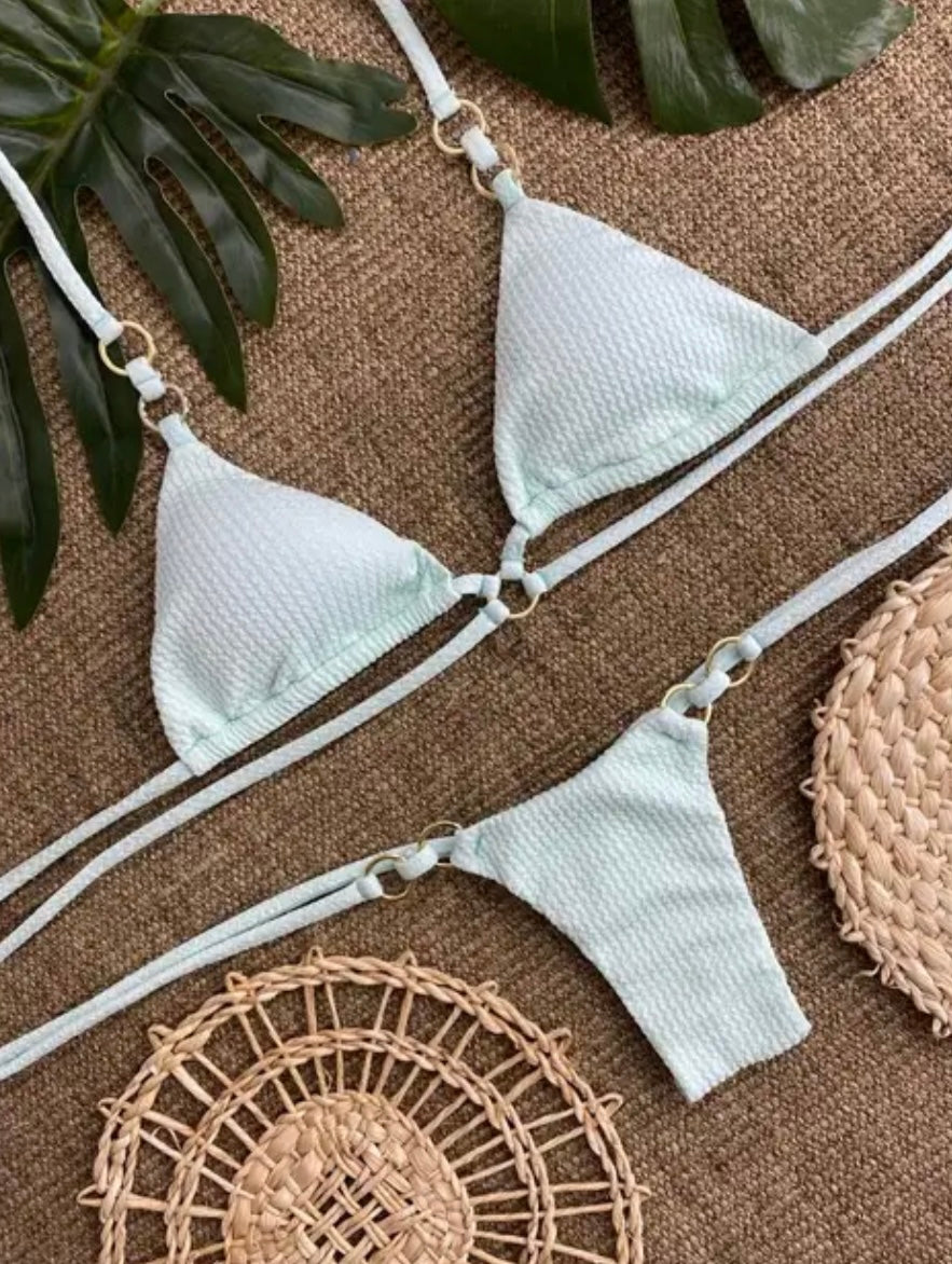 light blue/mint green ribbed triangle bikini set with gold-tone hardware rings. 