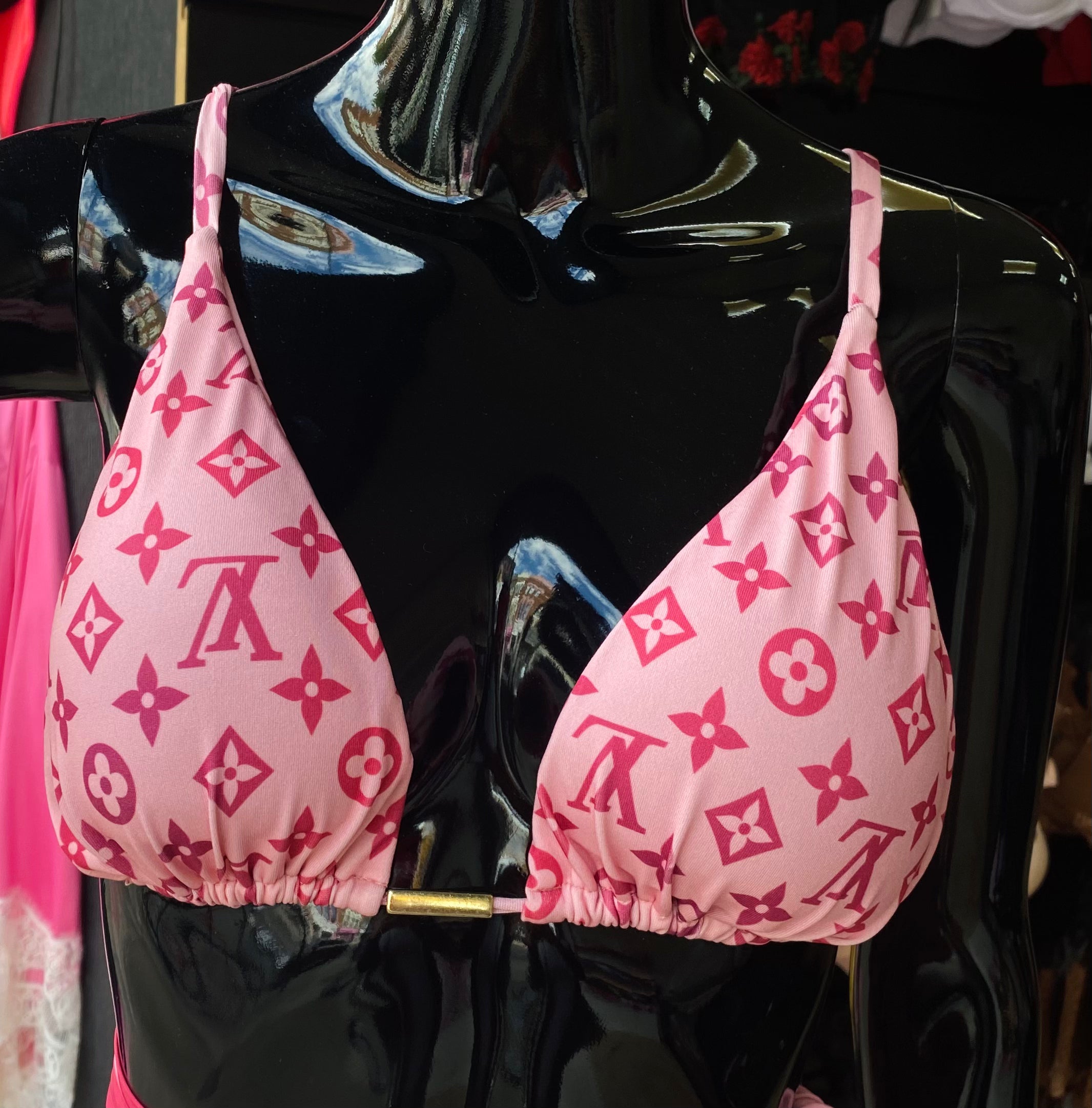Pink Louis Vuitton Monogram bikini top. 
