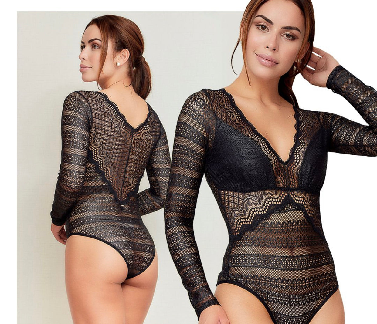 Girl wearing a Body Blackout black lace, long-sleeve bodysuit.