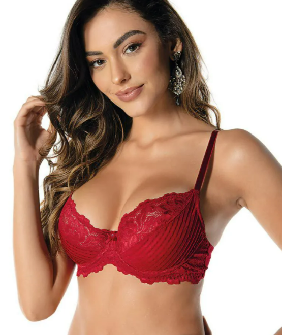 Sutiã Bastille DeMillus 64286 in the color Carmim (a shade of red). It is an underwired lace bra featuring elastic lace cups and "Ultraflex support"