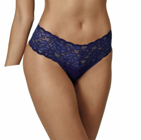 A blue lace thong panty, showing the waistband and part of the leg opening.