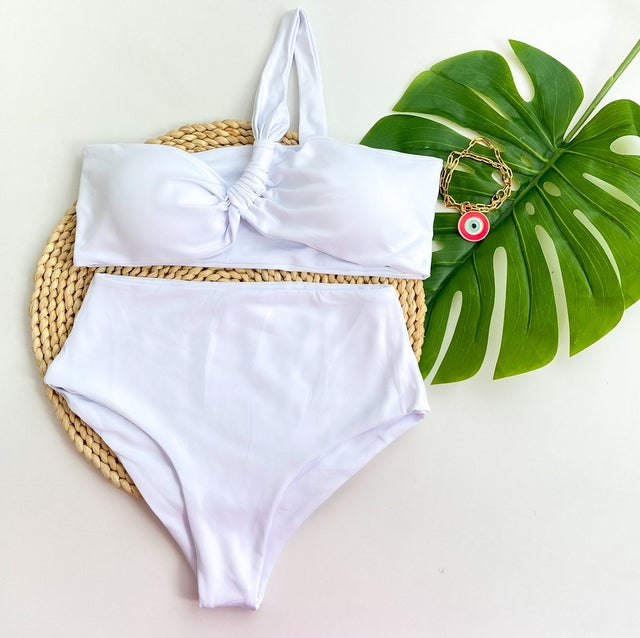 White ruched bandeau high-waisted bikini set.