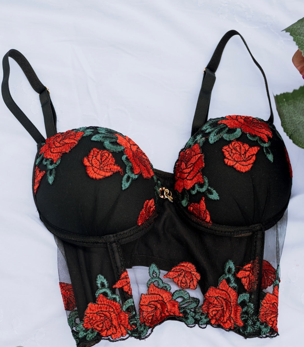  A black mesh corset top with red rose embroidery. 