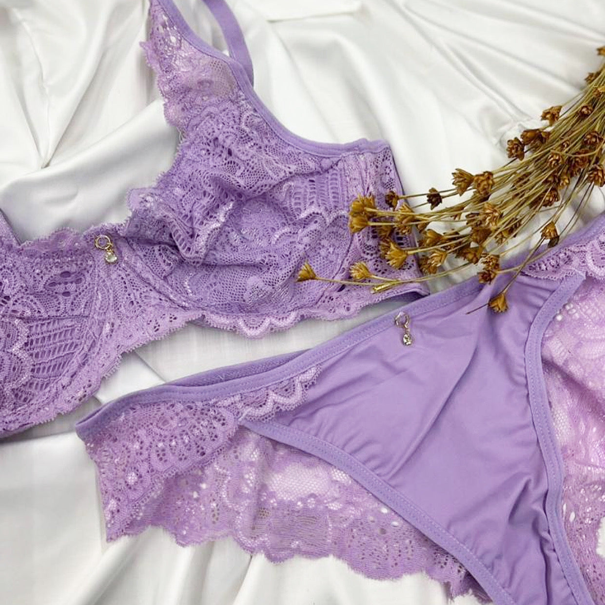 Purple lace lingerie set is a common style of non-padded, underwire bra and panty set.